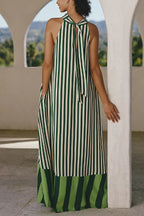Striped Print Loose Sleeveless Pocket Casual Vacation Maxi Dress