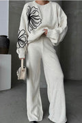 Casual Round Neck Knit Sweater with Pants Two Piece Set