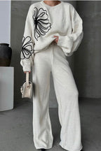Casual Round Neck Knit Sweater with Pants Two Piece Set
