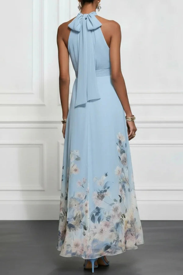 Floral Print Halter Neck Sleeveless Elegant Waist-cinching Maxi Dress