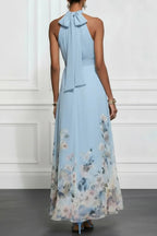 Floral Print Halter Neck Sleeveless Elegant Waist-cinching Maxi Dress