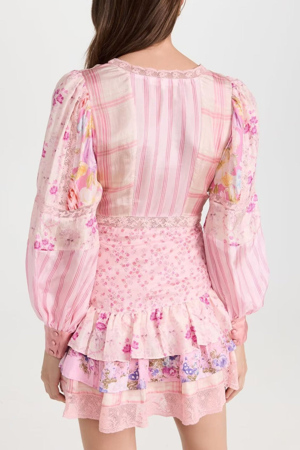 Patchwork Floral Long Sleeve Lace Trim Tiered Ruffle Mini Dress