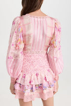 Patchwork Floral Long Sleeve Lace Trim Tiered Ruffle Mini Dress