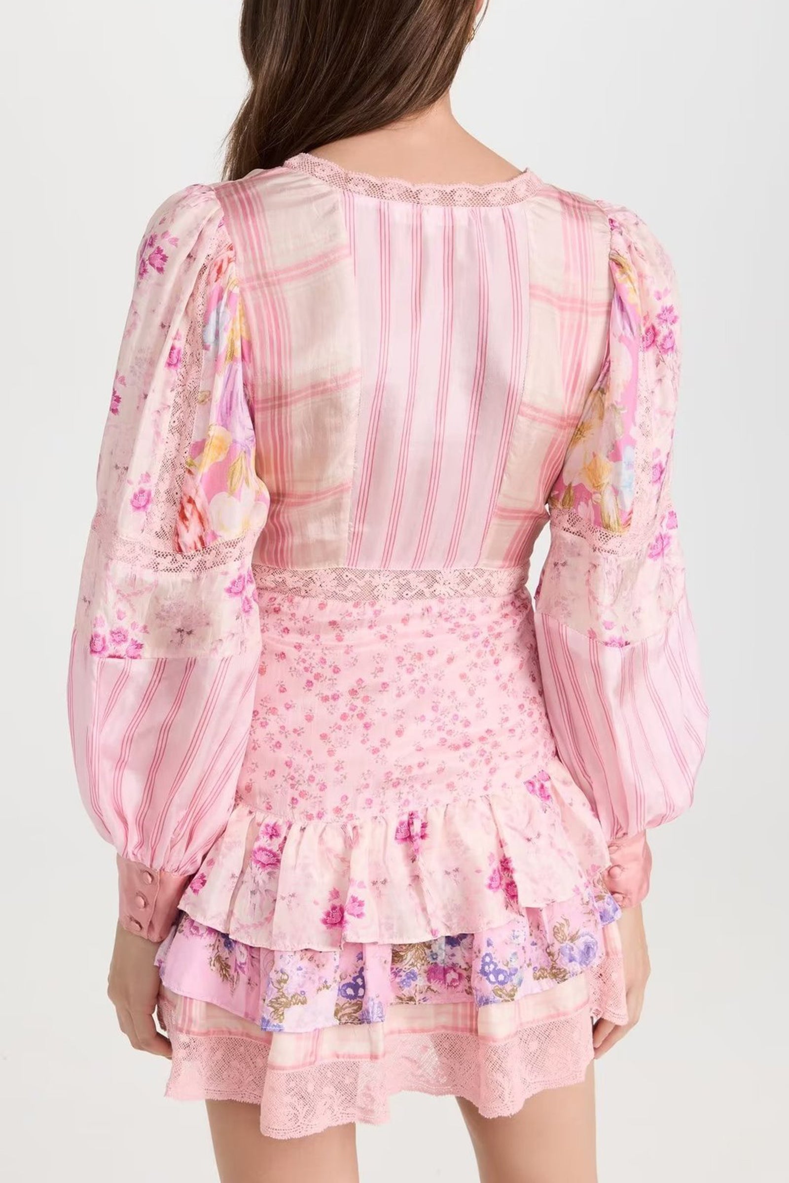 Patchwork Floral Long Sleeve Lace Trim Tiered Ruffle Mini Dress