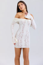 Lace Off Shoulder Tie Front Bell Sleeve Bodycon Mini Dress