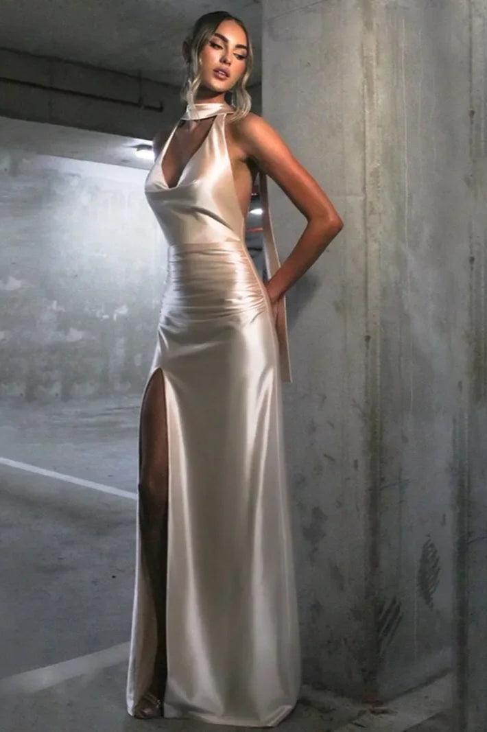 Halter Choker Cowl Plunge Ruched Waist Back Sash Thigh Slit Satin Maxi Dress