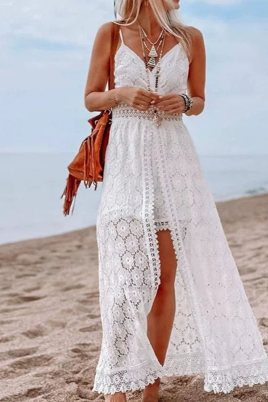 White Lace V-Neck Hollow With Side Slit Dress