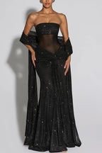 Paula Sequined Mesh and Jersey Off Shoulder Ruched Knot Drape Shawl Maxi Dress