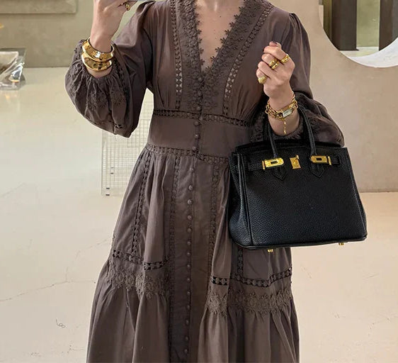 V-Neck Button Front Puff Sleeve Eyelet Lace Embroidered Tiered Maxi Dress