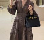 V-Neck Button Front Puff Sleeve Eyelet Lace Embroidered Tiered Maxi Dress