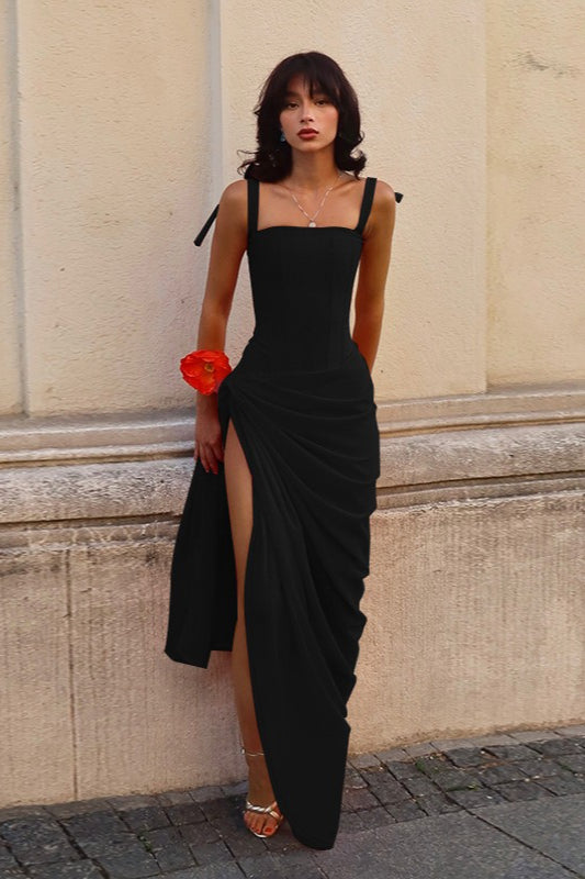 Spaghetti Strap Square Neck Corset Draped Maxi Slip Dress
