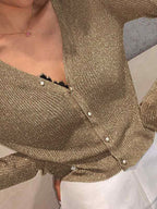 Glitter Ribbed Pearl Button Long Sleeve Knit