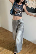 Vintage Washed Whisker Wide Leg Denim Jeans