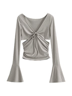 Solid V Neck Side Cutout Trumpet Sleeve Long Sleeve Knit