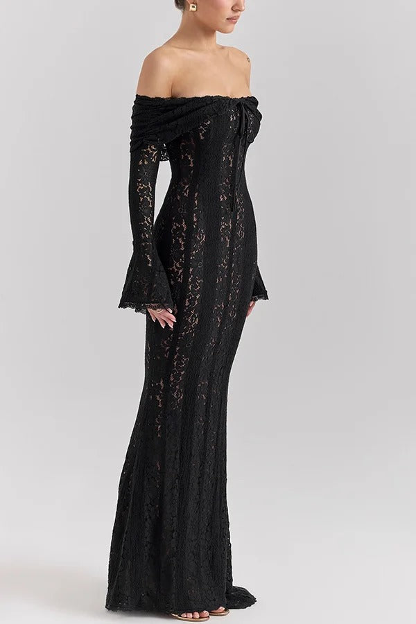 Leila Elevated Off Shoulder Floral Lace Flared Sleeve Fishtail Maxi Dress White Occasion Wear
