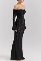 | Off Shoulder Floral Lace Flared Sleeve Fishtail Maxi Dress - White