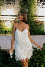 Deep V Spaghetti Strap Tiered Sequin Fringe Feather Trim Bodycon Mini Dress