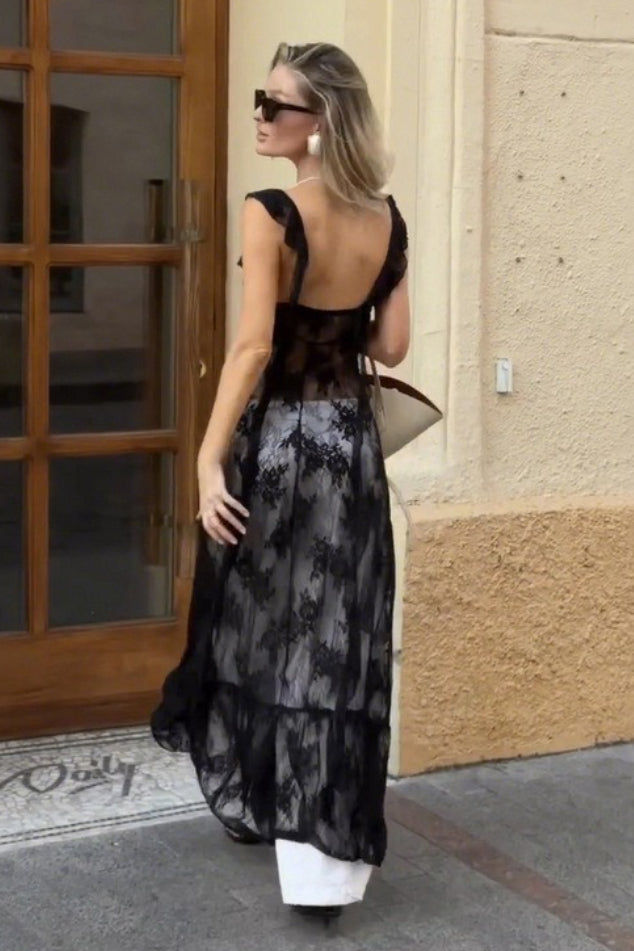 Black Square Neck Ruffle Trim Sheer Lace Ribbon Tie Maxi Dress