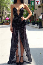 Black Polka Dot Ruched Lace Mesh Cami Maxi Dress