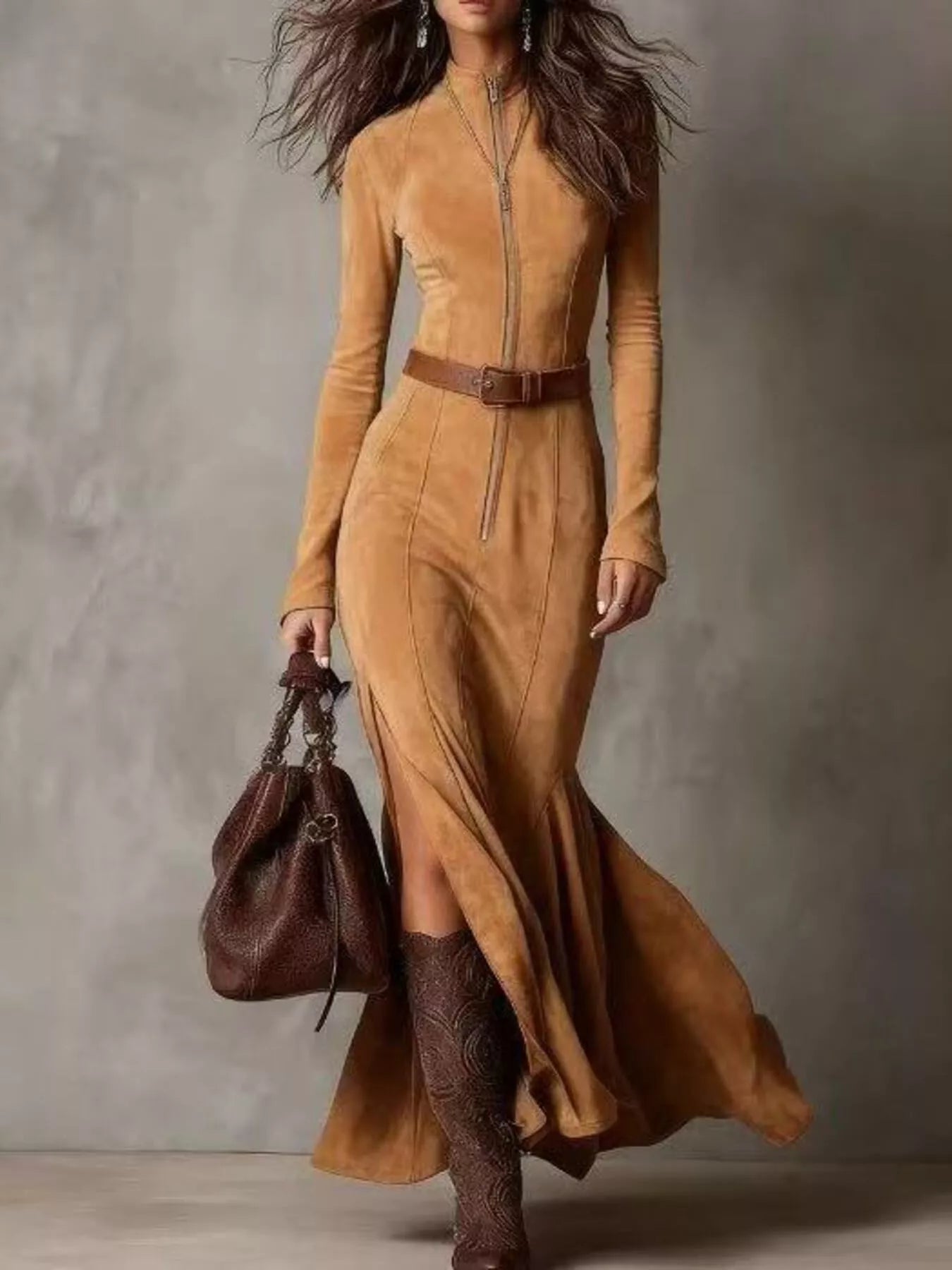 Full Size Slit Zipper Front Maxi Dress Plus Size