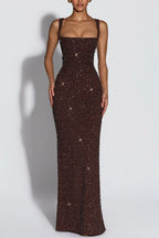 Calanthe Sequin Embellished Chiffon Ruched Square Neck Back Lace-up Maxi Dress