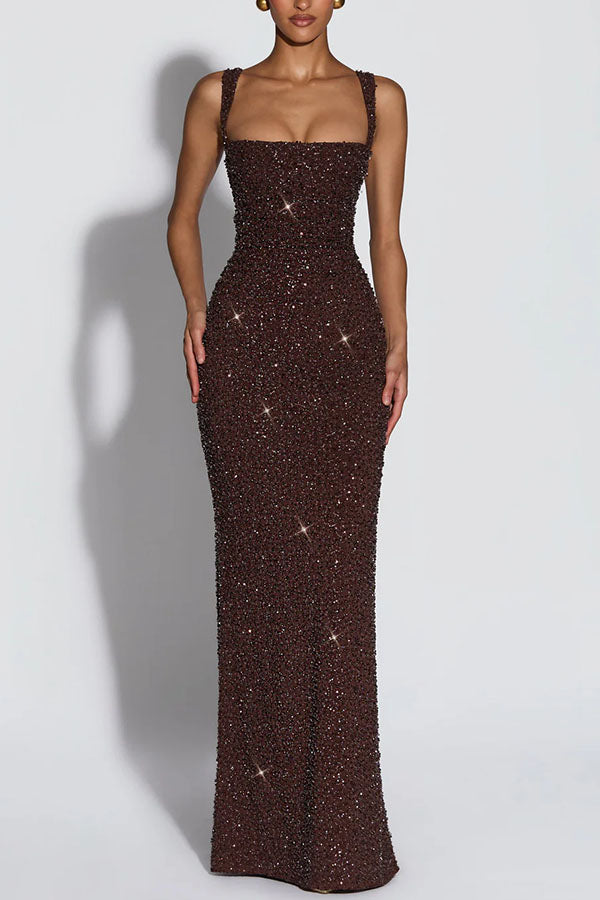 Calanthe Sequin Embellished Chiffon Ruched Square Neck Back Lace-up Maxi Dress