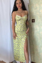 Floral Print Lace Trim Sweetheart Spaghetti Strap Thigh Slit Midi Dress