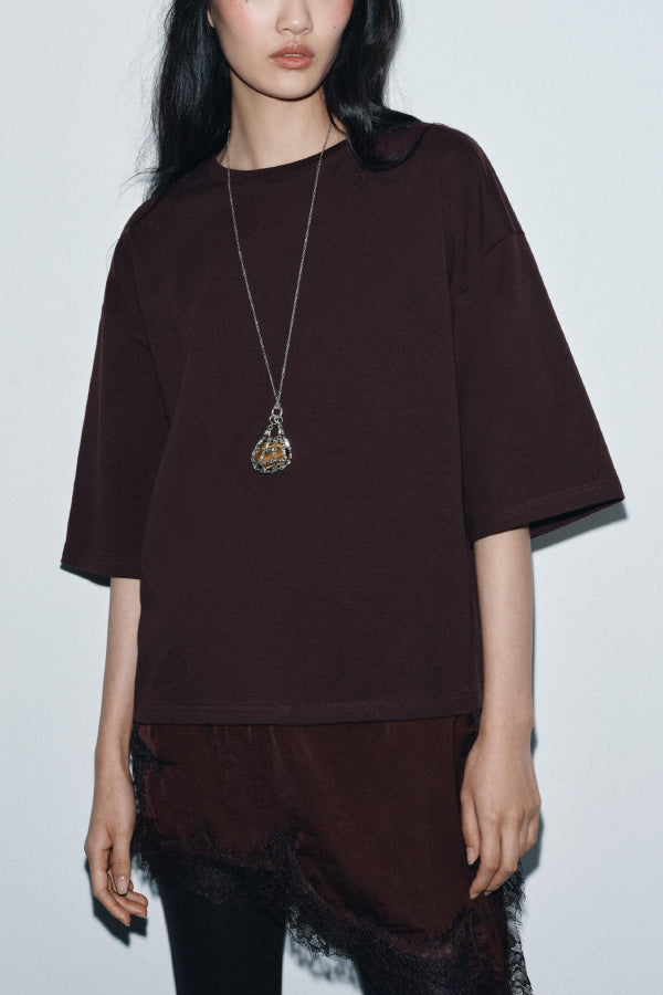 Stylish Round Neck Short-sleeved Patchwork Lace Hem Loose T-shirt