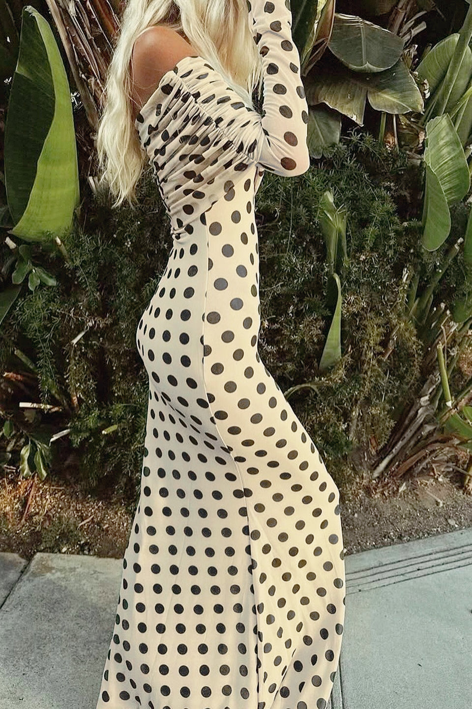 Polka Dot Off Shoulder Long Sleeve Bodycon Maxi Dress