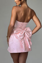 Strapless Jacquard Floral Bow Back Fit and Flare Mini Dress