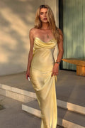 Satin Cowl Neck Spaghetti Strap Bias Cut Slip Maxi Dress