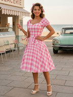 Retro Glamour Dress Sweetheart Neck Puff Sleeves Polka Dots Casual Long Dresses