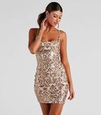 Sequin Damask Square Neck Spaghetti Strap Bodycon Mini Dress