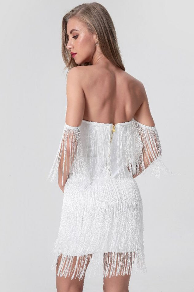 Fringe Off Shoulder Deep V-Neck Bodycon Mini Cocktail Dress