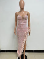 Burgundy Sequin Dresses Strapless Plunge Lace-up Back Feather Birthday Party Dresses
