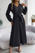 Deep V-Neck Bishop Sleeve Button Front Pleated Belted Midi Dress