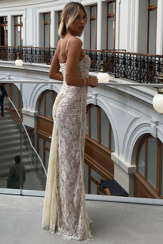 Lace Long Sleeve Ruched Mermaid Maxi Gown