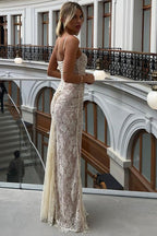 Lace Long Sleeve Ruched Mermaid Maxi Gown