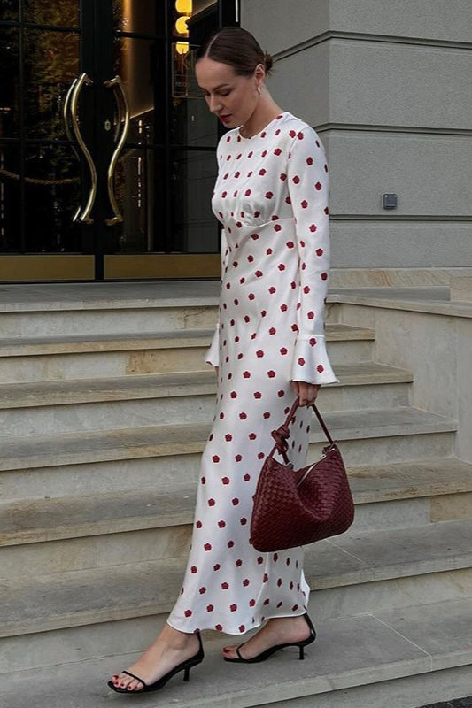 White Polka Dot Print Flare Sleeve Maxi Dress