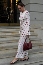 White Polka Dot Print Flare Sleeve Maxi Dress