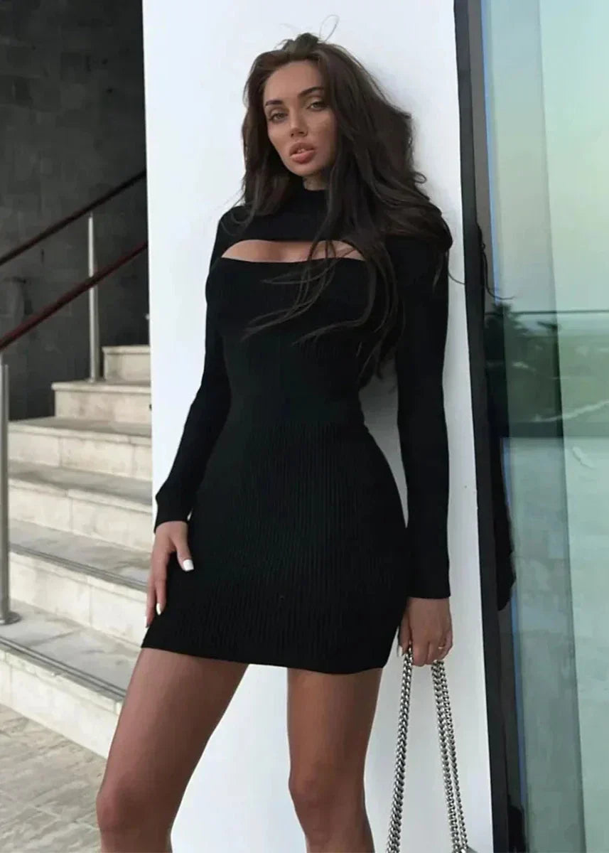 Ribbed Knit Mock Neck Cut Out Corset Seam Long Sleeve Bodycon Mini Dress