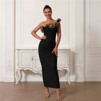 Floral Appliqué One-Shoulder Dress - One-Shoulder Floral Appliqué Dress