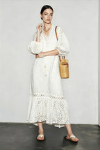 Eyelet Broderie Anglaise Puff Sleeve Lace Up Tassel Tiered Maxi Dress
