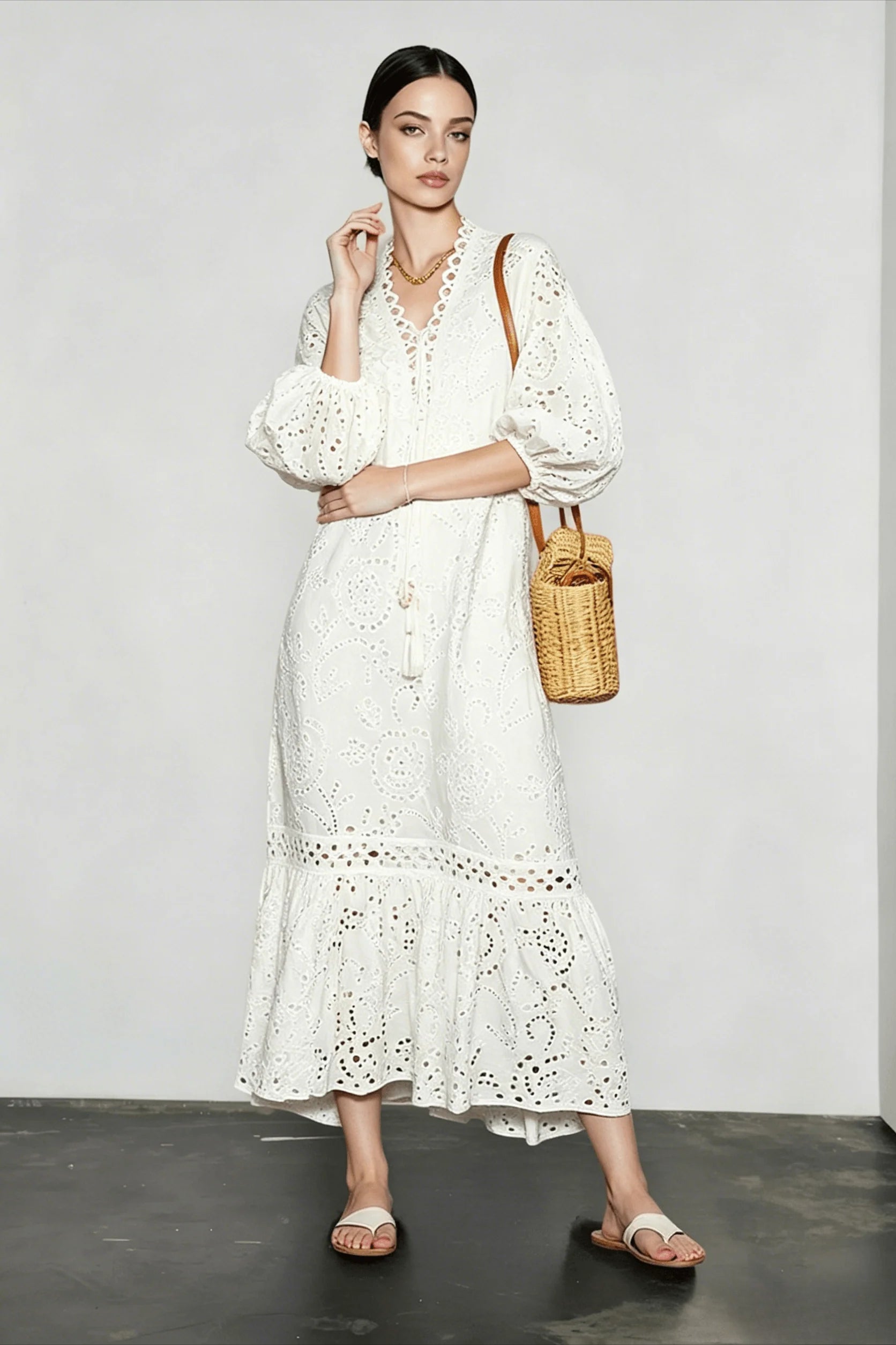 Eyelet Broderie Anglaise Puff Sleeve Lace Up Tassel Tiered Maxi Dress