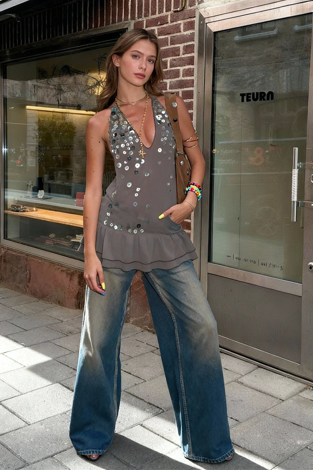 Halter Neck Deep V Sequin Peplum Ruffle Hem Wide Leg Jeans Two Piece Set