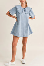 Solid Color Loose Short-sleeved Casual Ruffled Denim Mini Dress