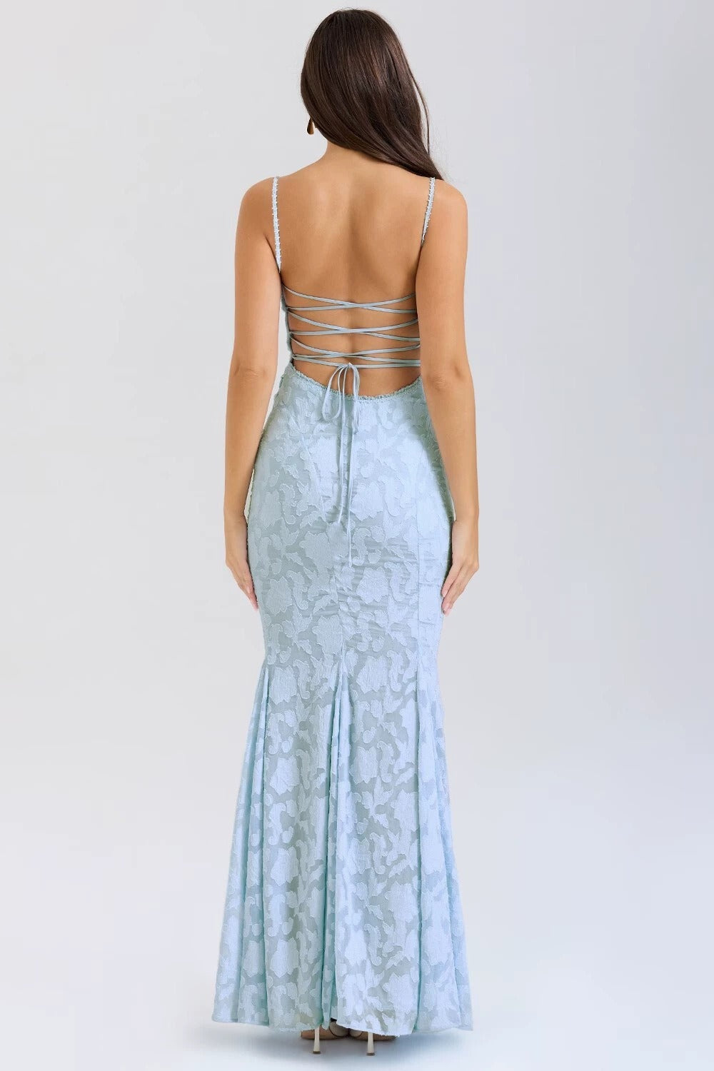Jacquard Square Neck Spaghetti Strap Mermaid Maxi Gown