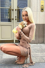 Scoop Neck Long Sleeve Bow Detail Ruched Bodycon Mini Dress