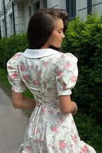 Floral Puff Sleeve Contrast Collar Button Front Ruffle Hem Mini Dress