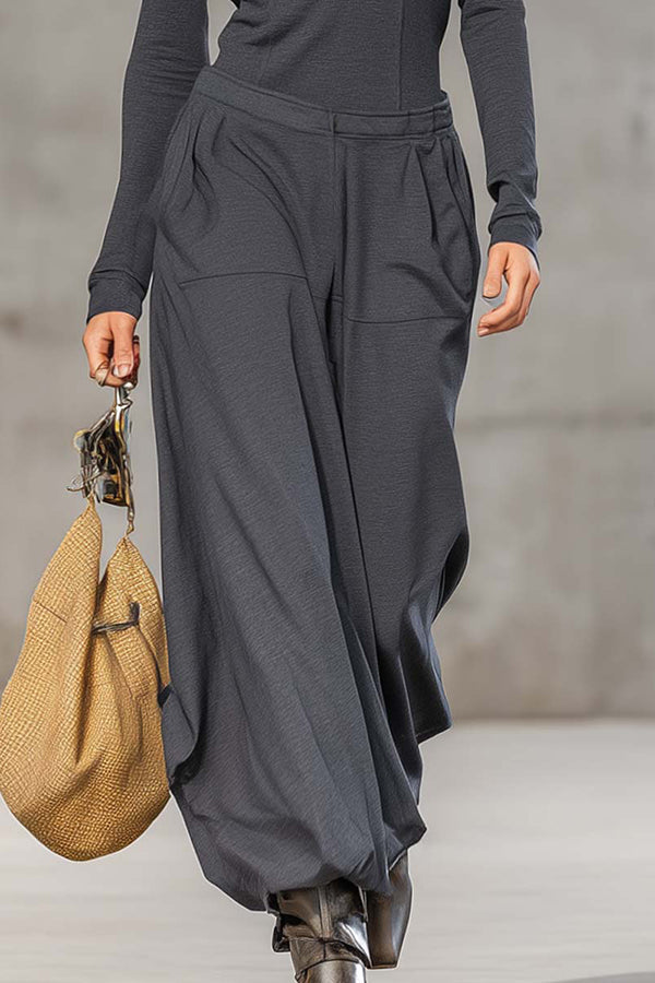 Solid Color Zip-up Long-sleeved Top and Casual Pocket Wide-leg Pants Set